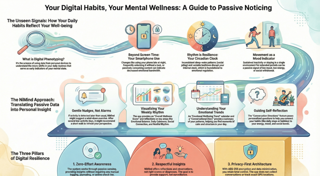 Passive sensing technology, Behavioral biomarkers, Digital resilience, Privacy-first mental health, Sleep-wake patterns.