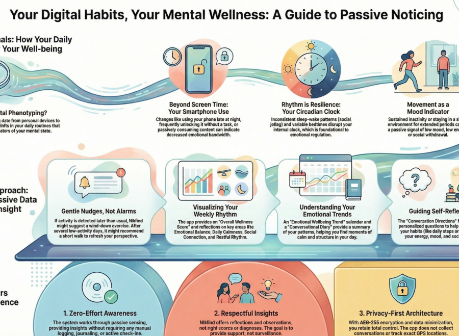 Passive sensing technology, Behavioral biomarkers, Digital resilience, Privacy-first mental health, Sleep-wake patterns.